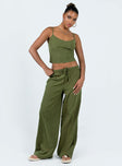 Two piece set Cupro material Adjustable shoulder straps on top Wide leg pants Elasticated waistband with tie fastening