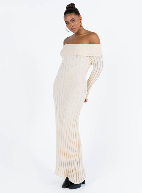 product Princess Polly Crew Neck  Lefler Off The Shoulder Maxi Dress Beige