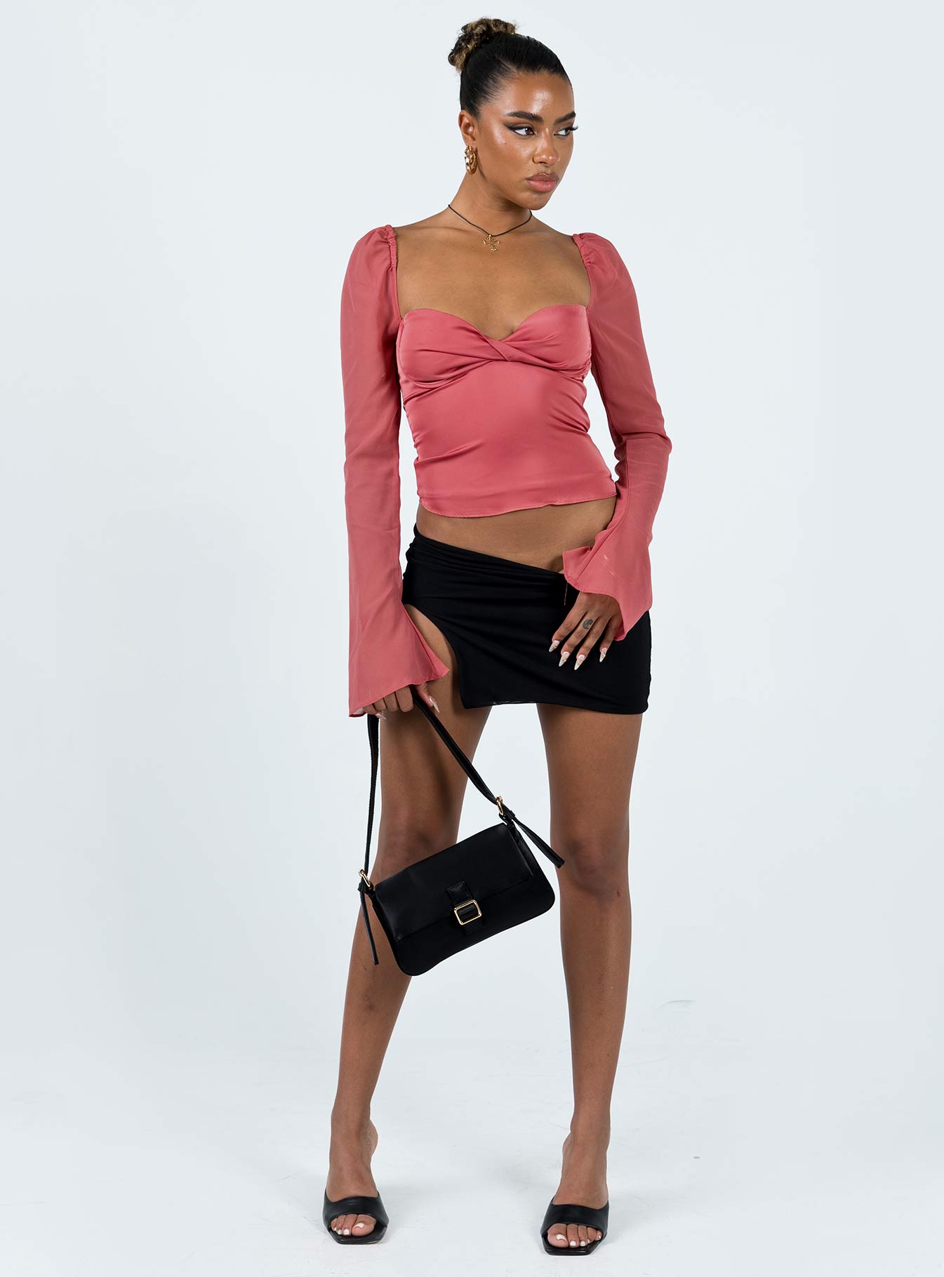 Front view of model wearing  front Princess Polly Full Sleeves High Neck  Pavel Long Sleeve Satin Top Red