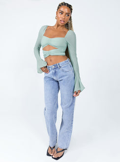 front view of model wearing Princess Polly Dumont Long Sleeve Top Blue Full Sleeves Square Neck 