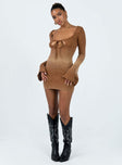 Front view of model wearing  front Princess Polly Plunger  Louden Bell Sleeve Knit Dress Brown