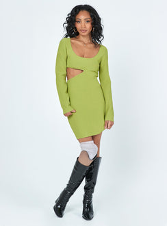 front view of model wearing Princess Polly Giana Long Sleeve Mini Dress Green 