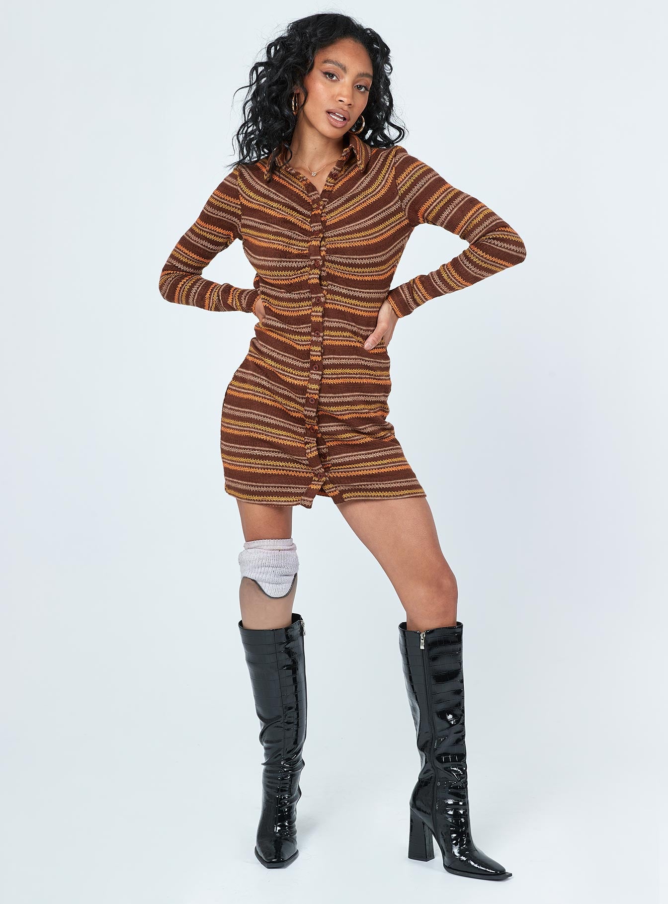 front view of model wearing Princess Polly Dalton Long Sleeve Mini Dress Brown Multi 