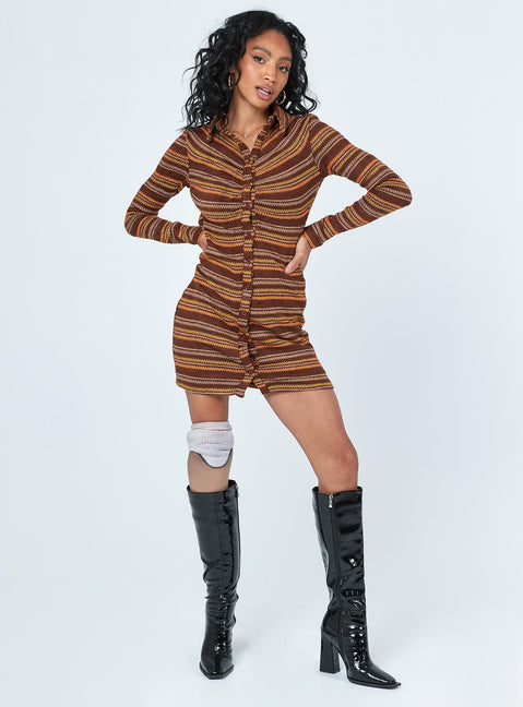 front view of model wearing Princess Polly Dalton Long Sleeve Mini Dress Brown Multi 