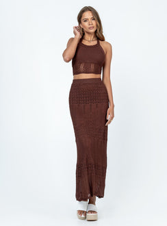 Matching set Crochet material  Halter neck top Exposed back High-waisted maxi skirt  Elasticated waistband 
