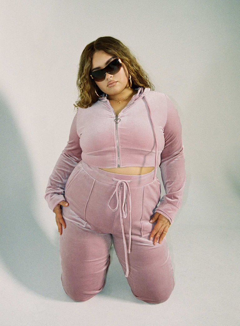 Front view of model wearing  front Princess Polly High Waisted Pants  Velour Track Pant Pink Curve