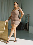 Front view of model wearing  front Princess Polly High Neck  Charvi Mini Dress Tan Curve