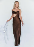 side view of model wearing Princess Polly Archer Maxi Dress Brown 