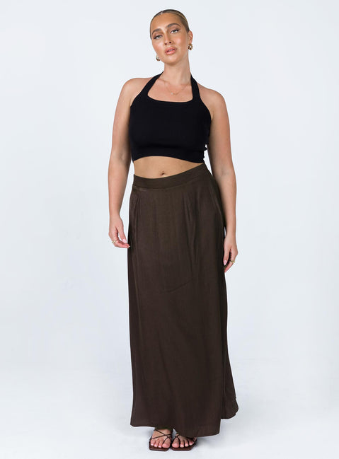   front view of model wearing Princess Polly Baldwin Maxi Skirt Brown 