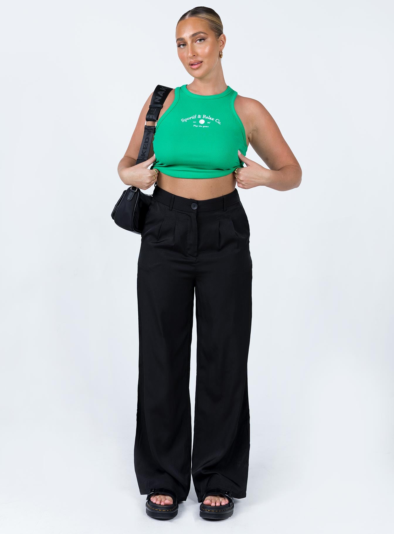 front view of model wearing Princess Polly Play The Game Tank Top Green 