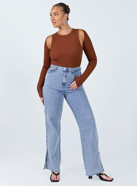 front view of model wearing Princess Polly Bray Bolero Tank Bodysuit Brown Sleeveless Crew Neck 