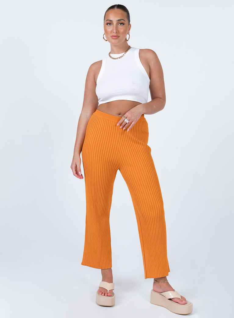 front view of model wearing Princess Polly Ginny Ribbed Knit Pants Orange 