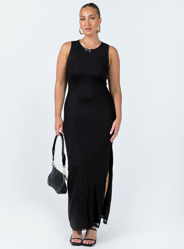 Front view of model wearing  front Princess Polly High Neck  Brenly Mesh Maxi Dress Black