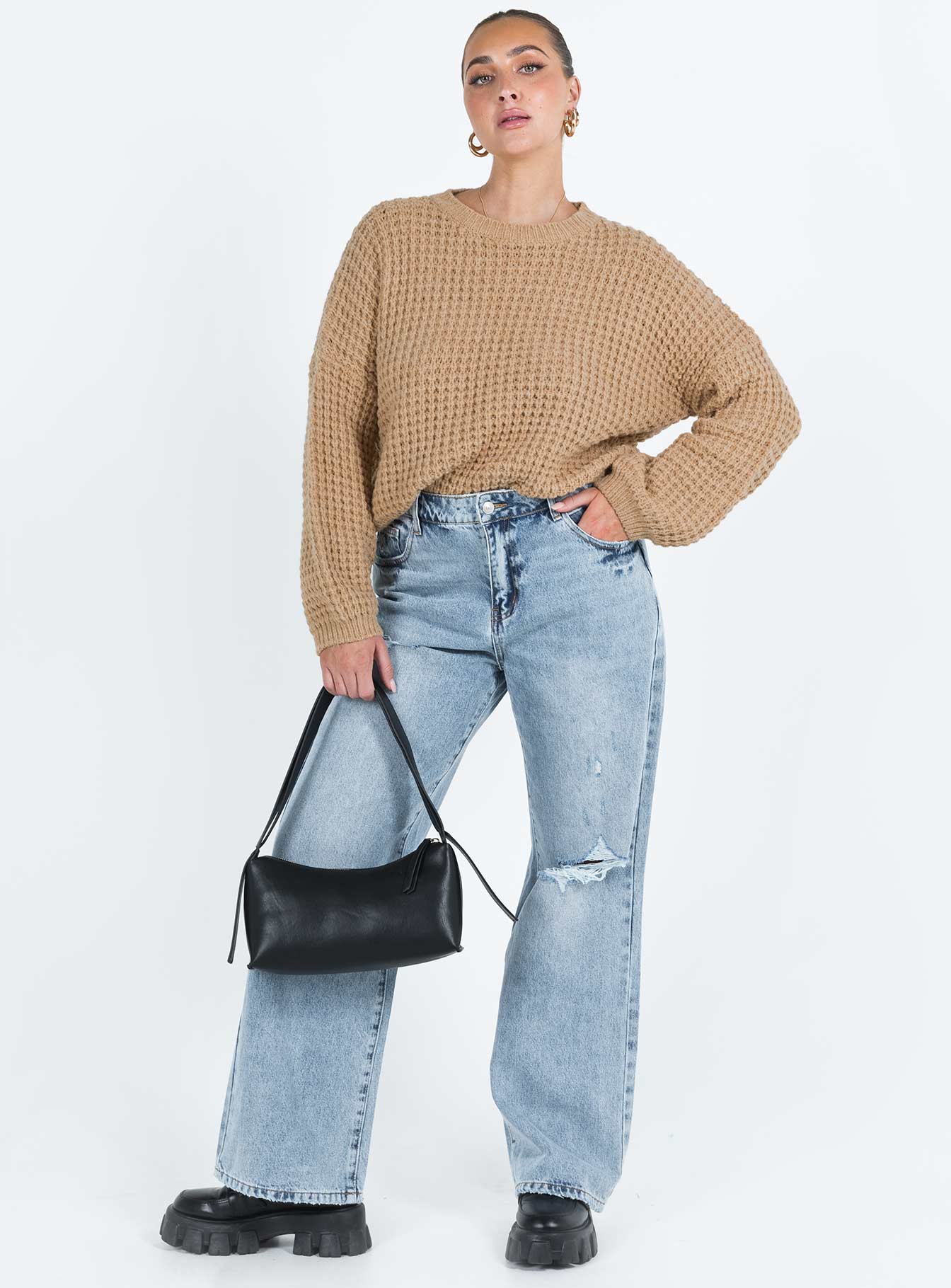 front view of model wearing Princess Polly Calvary Sweater Beige Long 