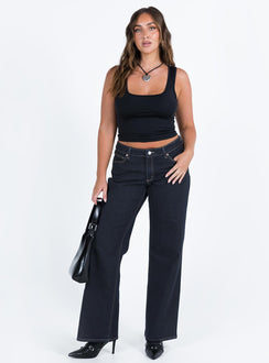 Front view of model wearing  front Princess Polly Short Sleeves Crew Neck  Sanada Top Black