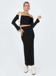 Matching set Long sleeve top Folded neckline Inner silicone strip at bust Maxi skirt