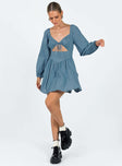 Front view of model wearing  front Princess Polly Crew Neck  Tennyson Long Sleeve Mini Dress Blue