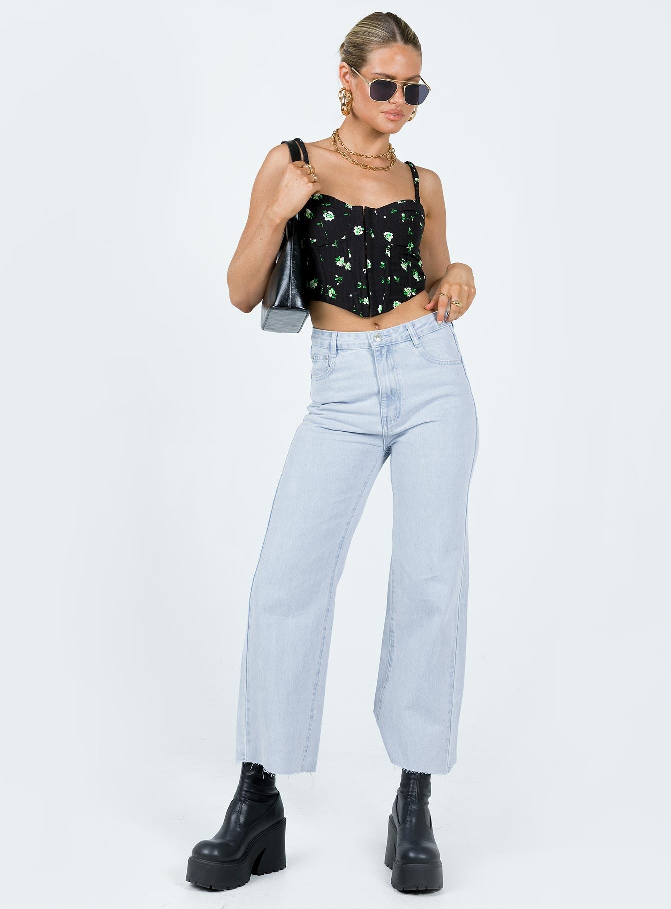 Front view of model wearing  front Princess Polly High Waisted  Boundless Denim Jeans Light Wash