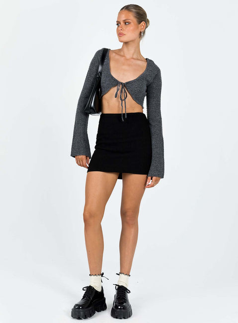 Front view of model wearing  front Princess Polly Full Sleeves Full Sleeves Scoop Neck Scoop Neck  Carmel Bolero Top Charcoal