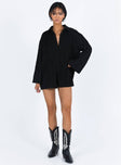 Black long sleeve romper Textured material  Button front fastening  Wide sleeves 