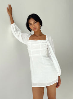 Front view of model wearing  front Princess Polly Asymmetric Neckline Asymmetric Neckline  Warra Mini Dress White