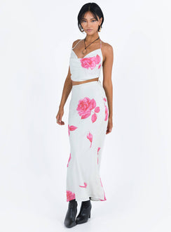 Two piece set Halter top Cowl neck Open back Tie fastening at neck and back Maxi skirt Invisible zip fastening at side