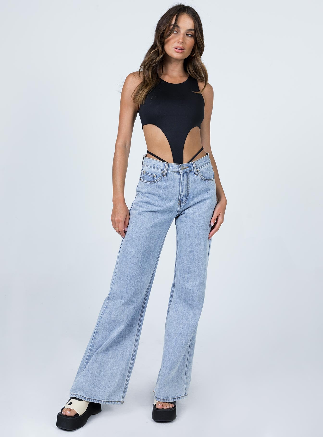 front view of model wearing Princess Polly Camden Bodysuit Black Sleeveless Crew Neck 