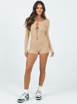 Long sleeve romper Ribbed material  Button front fastening   Cut out detail down front  Raw cut hem 