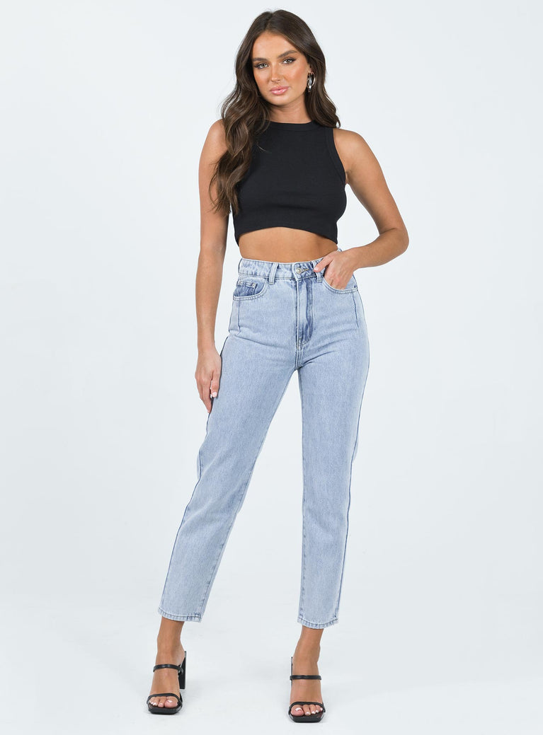 Front view of model wearing  front Princess Polly High Waisted  Curzon Mom Jeans Denim