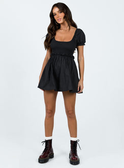 Front view of model wearing  front Princess Polly Crew Neck  Everyday Sunshine Mini Dress Black