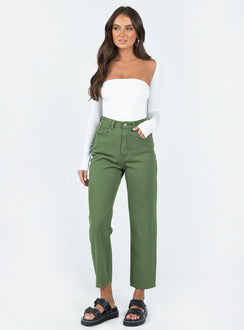 Front view of model wearing  front Princess Polly High Waisted  Leta Straight Leg Denim Jeans Khaki