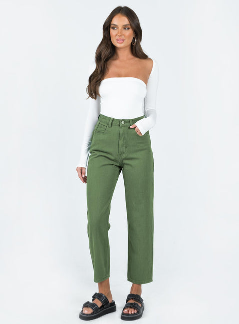 Front view of model wearing  front Princess Polly High Waisted  Leta Straight Leg Denim Jeans Khaki