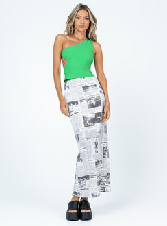 front view of model wearing Princess Polly Aletta Top Green Sleeveless Asymmetric Neckline 