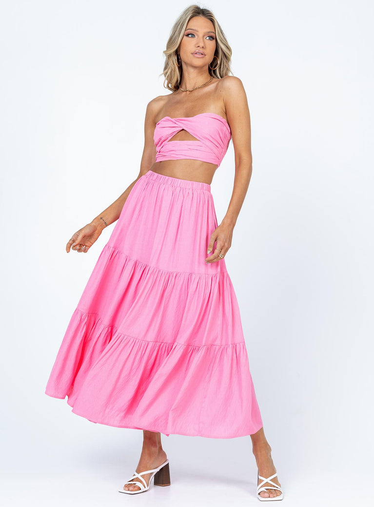 Matching set Crop top Removable shoulder straps  Inner silicone strip at bust  Twisted bust  Shirred back  Zip fastening  High waisted midi skirt  Elasticated waistband  Layered design 