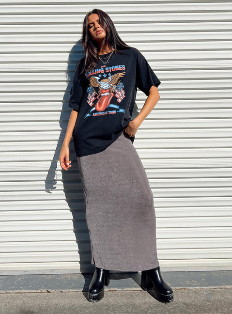 Front view of model wearing  front Princess Polly Half Sleeves High Neck  The Rolling Stone American Tour Oversized Tee Black