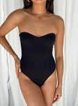 back view of model wearing Princess Polly Aston Strapless Bodysuit Black Sleeveless Sweetheart 