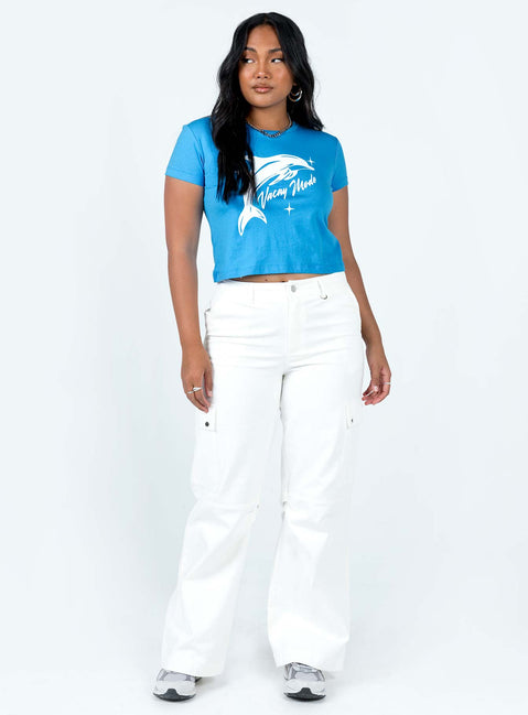 front view of model wearing Princess Polly Vacay Mode Tee Blue Short Sleeves Crew Neck 