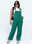 Green overalls Contrast stitching Adjustable shoulder straps  Large chest pocket  Four classic pockets  Button fastening at hips  Wide leg