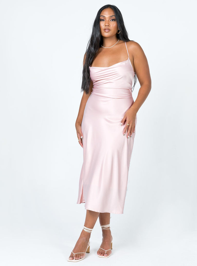 Front view of model wearing  front Princess Polly High Neck  Celena Midi Dress Pink