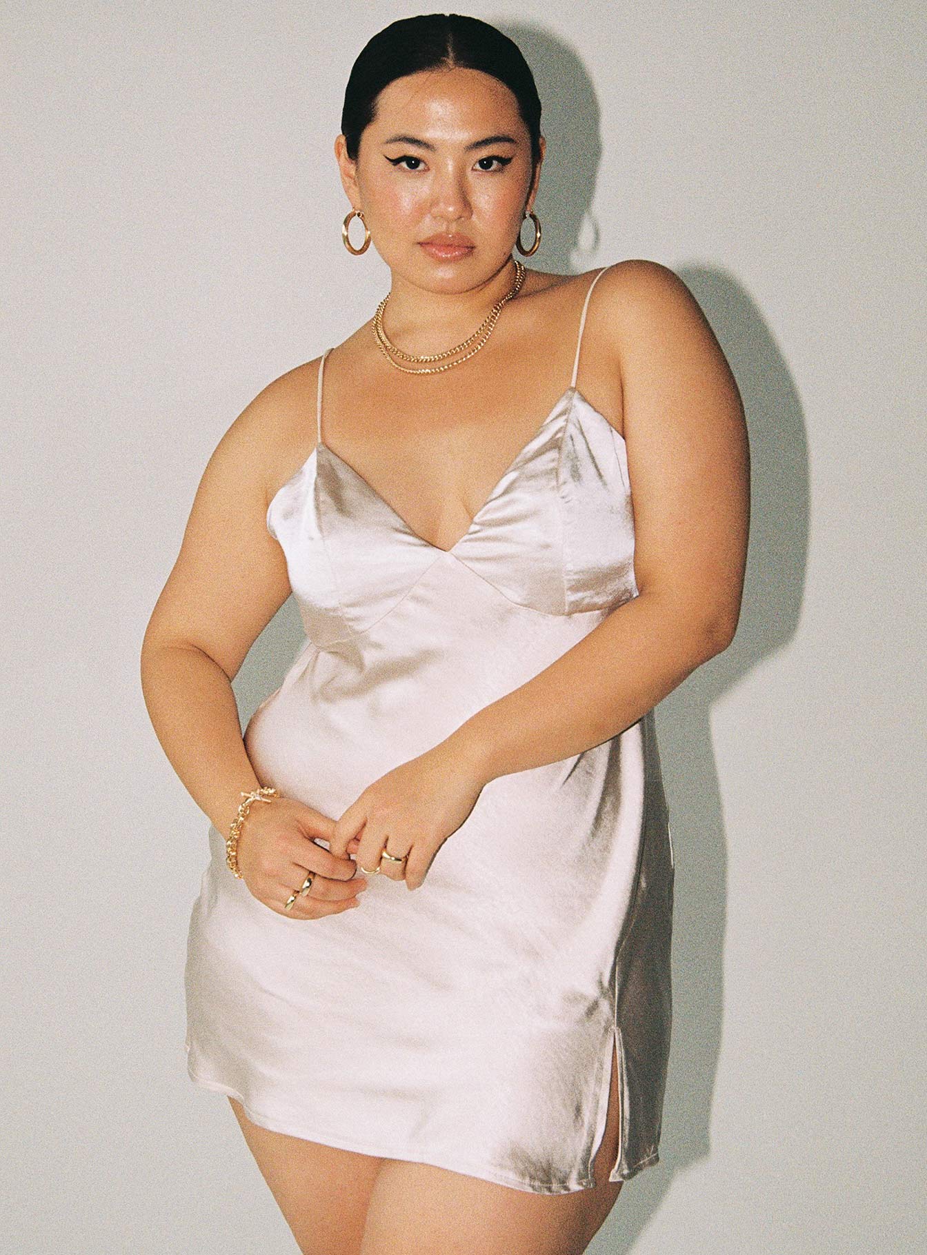 Front view of model wearing  front Princess Polly Sweetheart Neckline  Stargazing Mini Dress Curve