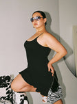 Front view of model wearing  front Princess Polly Asymmetric Neckline  Kiribati Mini Dress Black Curve