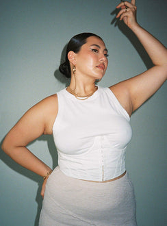 Front view of model wearing  front Princess Polly Sleeveless High Neck  Saturday Sinner Corset White Curve