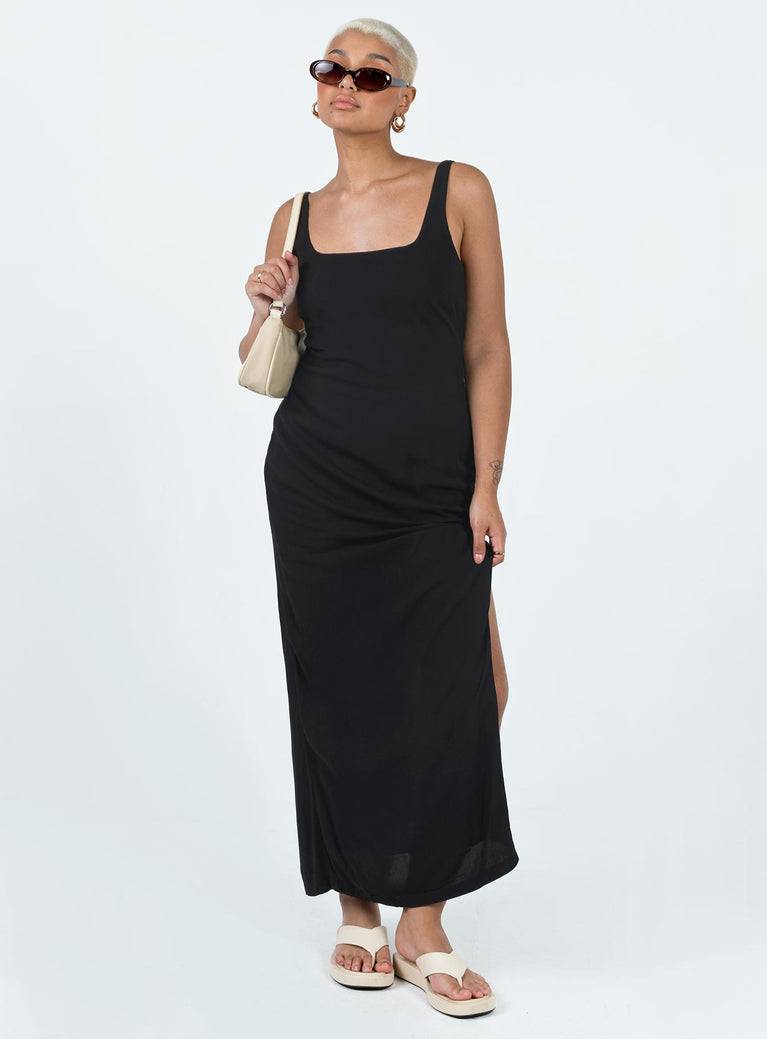 Front view of model wearing  front Princess Polly Crew Neck  Shanaeya 90s Maxi Dress Black