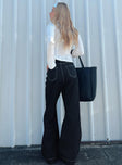 Front view of model wearing  front Princess Polly High Waisted  Boorala Wide Leg Jeans Dark Wash Denim