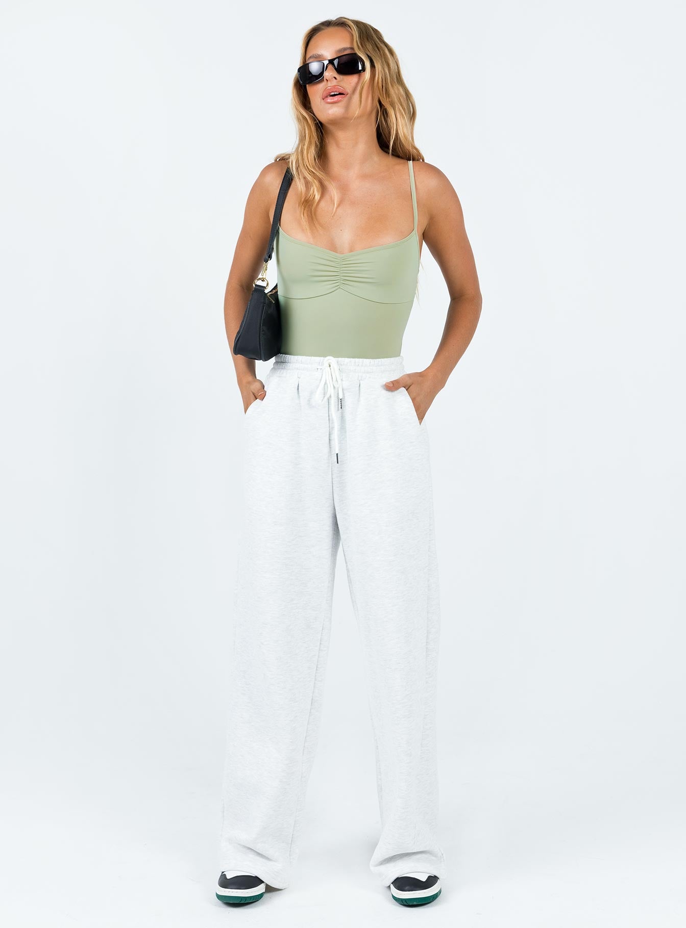 front view of model wearing Princess Polly Linden Bodysuit Khaki Sleeveless Sweetheart 