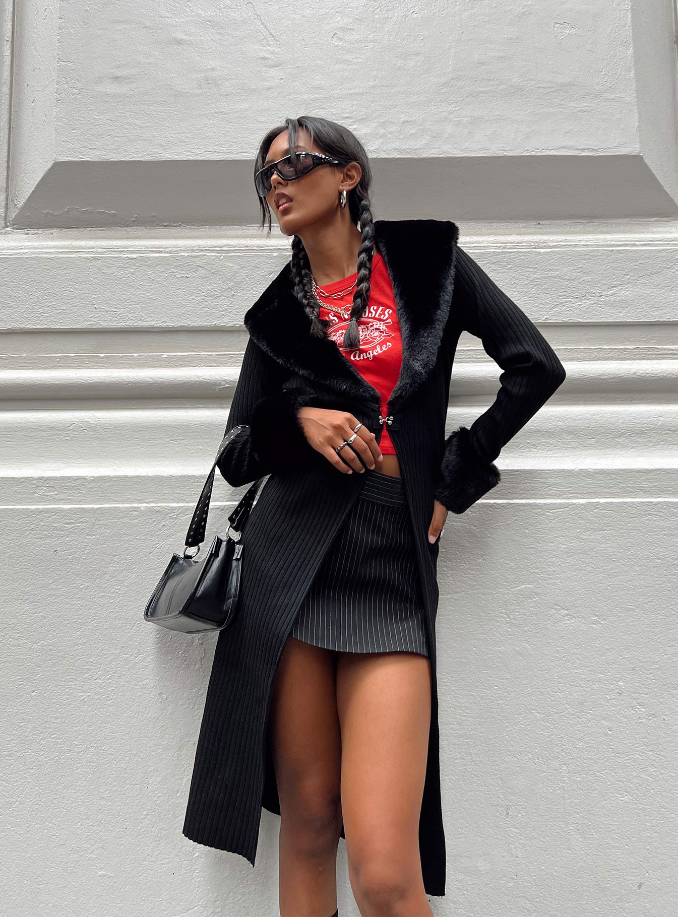 Daru Faux Fur Cardigan Black Long 