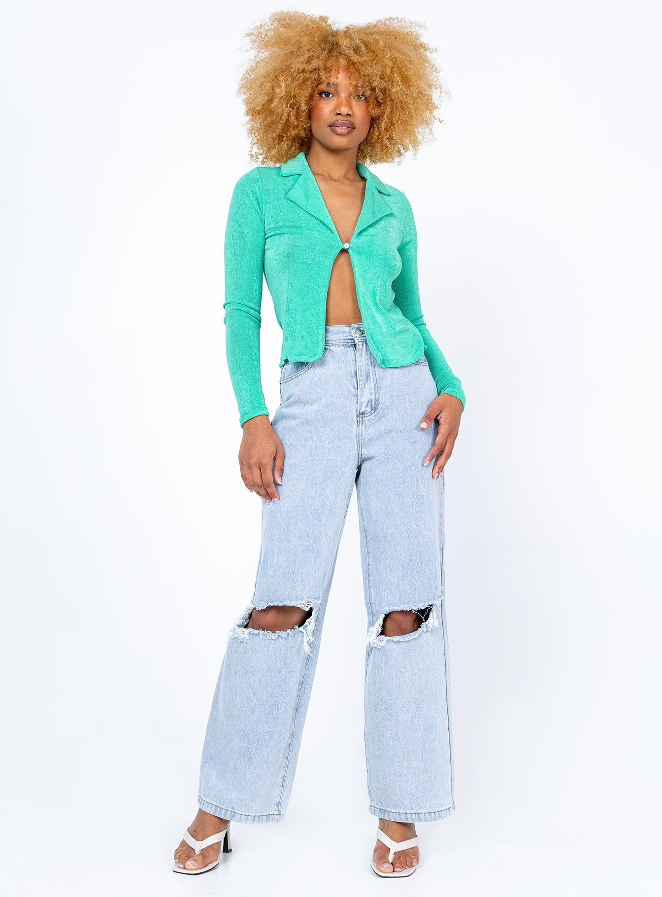 front view of model wearing Princess Polly Andi Long Sleeve Top Green 