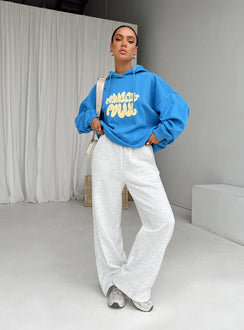 front view of model wearing Princess Polly Princess Polly Hooded Sweatshirt Bubble Text Blue / Yellow Long 