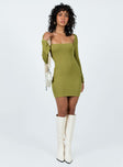 Princess Polly Square Neck  Dianne Long Sleeve Mini Dress Olive