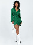 Front view of model wearing  front Princess Polly High Neck  Spiers Wrap Mini Dress Green